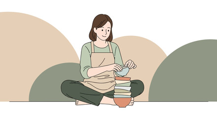 Woman Stacking Ceramic Bowls While Meditating in Calm Position Inside the House