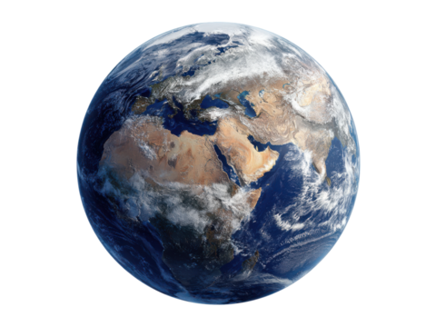 Blue planet with swirling clouds and brown continents earth space, Isolated On Png Transparent Background - Powered by Adobe