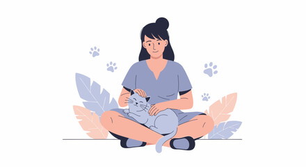 Woman caressing a cat while sitting with a leaf background in an illustration