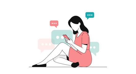 Woman using smartphone for messaging and chatting, illustration of social interaction