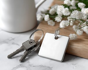 Blank square keychain and house keys resting on a marble surface with flowers