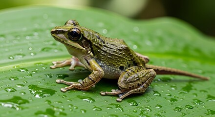 Fototapeta premium Frog with tail on leaf in rainforest.