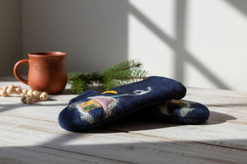 Handmade green wool mittens with floral embroidery
