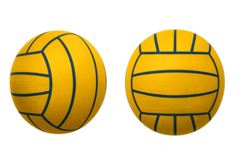 Water polo ball rotating, revealing its textured surface and stripes, against a highlighted yellow background.