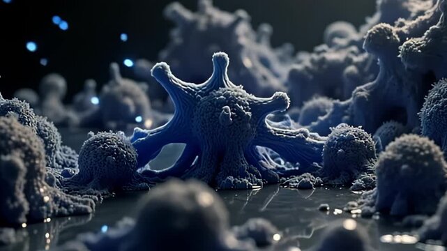 Intricately patterned cobalt-blue molecules flickering like echo of energy particles spiral in mesmerizing formations, their sharp contrasts illuminated sharply by a brilliant light,