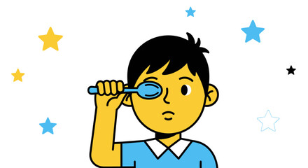 Young Boy Examining The World With A Spoon and Observing The Celestial Bodies