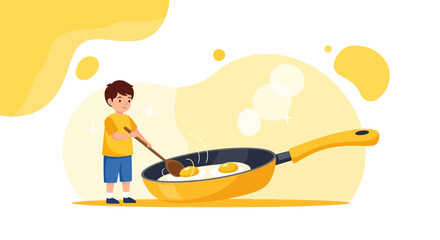 Young Chef Prepares Breakfast: Cooking Eggs In A Frying Pan With A Wooden Spoon