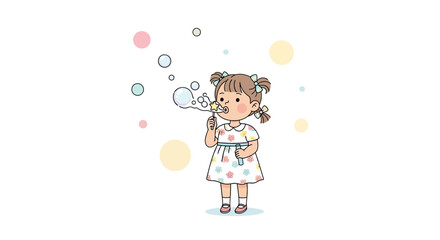 Young Girl Enjoys Making Airy Bubbles With a Star Wand in a Light, Playful Illustration