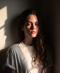 Natural Light Portrait of a Woman with Long Hair in Soft Shadows
