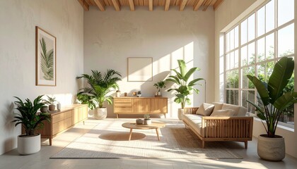 Fototapeta premium Modern Eco Home, Minimalist Interior with Plants and Natural Light