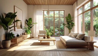 Fototapeta premium Sustainable Living Room Design with Green Decor and Sunlight