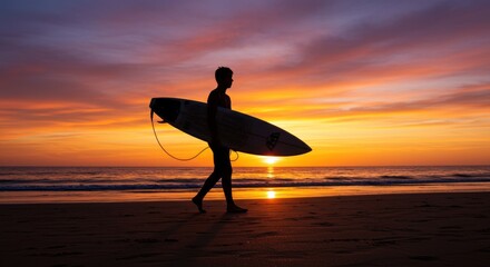 Silhouette of a surfer carrying a surfboard on a beach at sunset