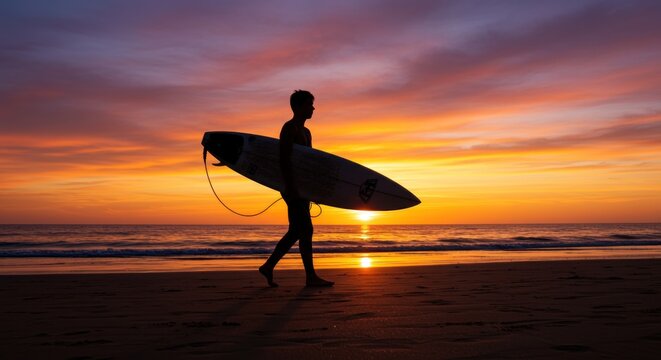 Silhouette of a surfer carrying a surfboard on a beach at sunset