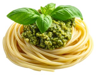 Italian culinary delight: close-up shot of pesto pasta with fresh basil leaves