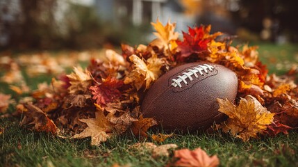 Pile of colorful autumn leaves with classic American football partially buried in them on grassy lawn. Implying family touch football game, nostalgic.
