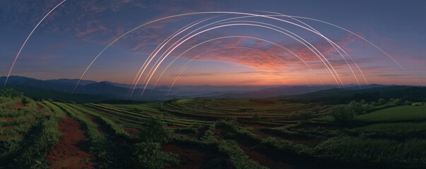 Obraz premium Terraced Fields at Sunset with Light Trails in Ultrawide View