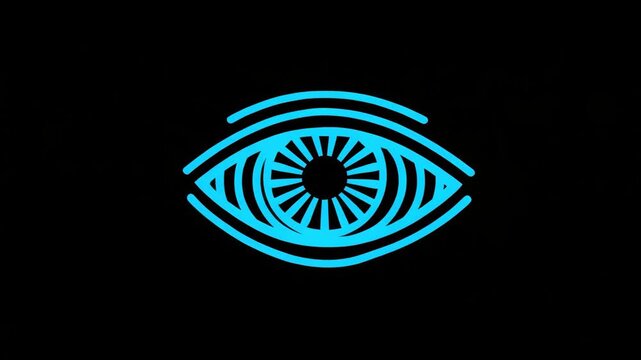 Stylized blue eye icon with concentric and radial line elements, minimalist graphic style, on a black background, symbolizing vision or awareness