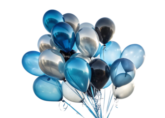 Cluster of shiny blue, silver, and black balloons on a bright white and transparent background