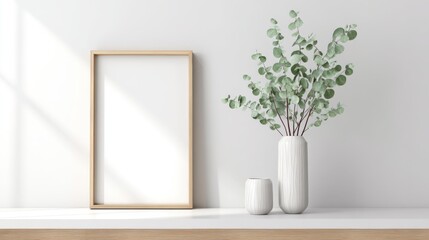 Elegant Interior Mockup with Blank Frame, Eucalyptus, and Minimalist Decor for Art Display