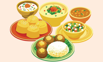 Traditional Food Clipart – Rice, Curry, Vegetables And Delicious Dishes Illustrations