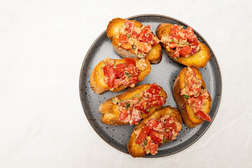 Advertising Background – Baguette Slices with Tomato and Cheese, Overhead Shot