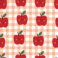 seamless pattern cute cartoon apple character drawing with red checkered background. cute fruit character wallpaper