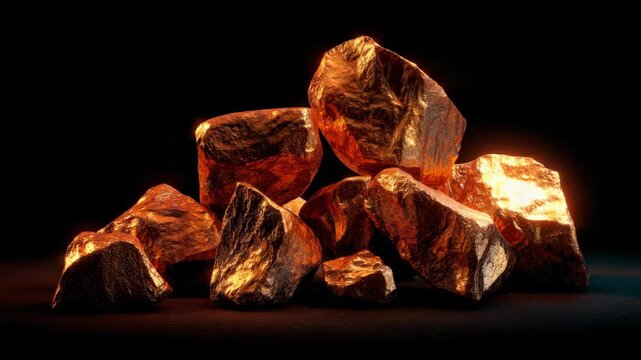 Cluster of glowing metallic copper ore rocks with a polished texture on a dark background, concept of natural mineral wealth and mining