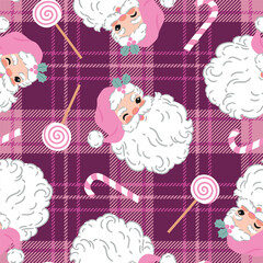 Seamless vector pattern with cute vintage Santa Claus on tartan plaid background. Hand drawn retro Christmas pattern. Perfect for textile, wallpaper or nursery print design. EPS10 vector file.
