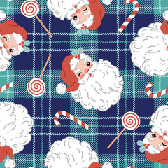 Seamless vector pattern with cute vintage Santa Claus on tartan plaid background. Hand drawn retro Christmas pattern. Perfect for textile, wallpaper or nursery print design. EPS10 vector file.