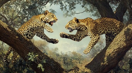Two leopards in a heart-shaped jungle canopy engage in playful interaction.  A stunning portrayal of wildlife, showcasing the animals' strength and agility amidst lush foliage
