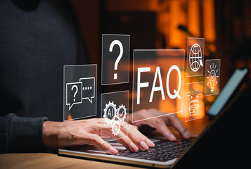 FAQ and AI chatbot support concept. Person typing on laptop, surrounded by question icons,...