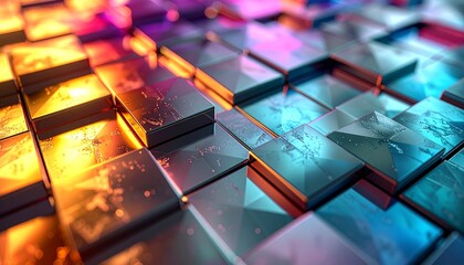 Diverse geometric tiles shimmering with metallic glow, blending magical reflections into a modern abstract design, 