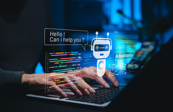 AI coding assistant for software development concept. Machine Learning Code, Programmer use laptop with code and AI robot represent artificial intelligence, AI programming, software development tools, - Powered by Adobe