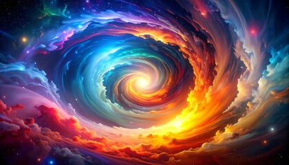 A cosmic swirl of vibrant colors, from deep blues and purples to fiery oranges and yellows, forming a bright core