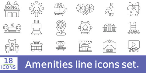  Amenities line icons set. Amenities outline icons with editable stroke collection.