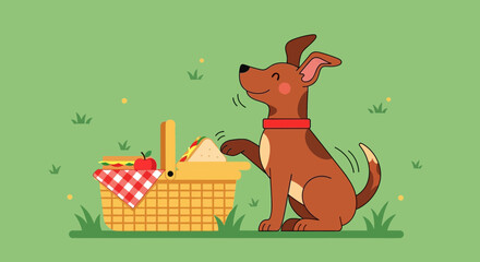 Fototapeta premium A Canine's Delight: Playful Dog Spotting Food at a Sunny Picnic Spot