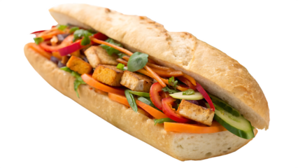 Crisp baguette banh mi with tofu and vibrant vegetables on a bright white and transparent background