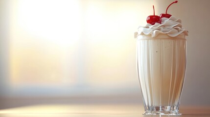 Creamy milkshake with cherries on a table near a window