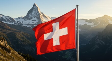 Swiss flag waves before snowcapped Matterhorn mountain at sunset