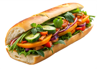 Crisp baguette banh mi with tofu and vibrant vegetables on a bright white and transparent background