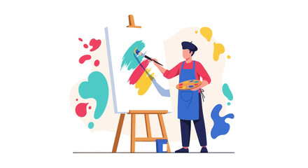 Fototapeta premium Artist Creating A Vibrant Artwork With Brush And Palette On A White Canvas