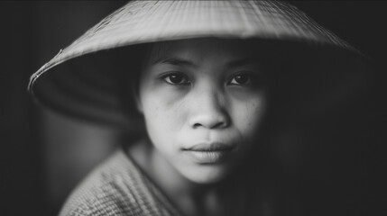 Portrait of a young Asian woman wearing a traditional hat, captured in a close-up black and white photograph