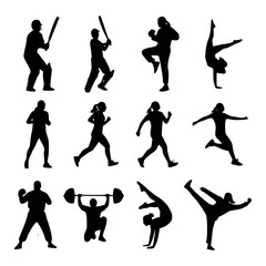 Vector art of collection of diverse sport and fitness activity silhouettes, including baseball, running, weightlifting, and gymnastics