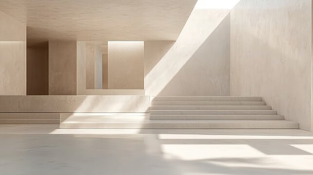 Modern beige interior with stairs, natural light, architectural design, showcasing space