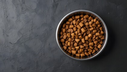 Brown Dog Food in Silver Bowl on Dark Textured Background