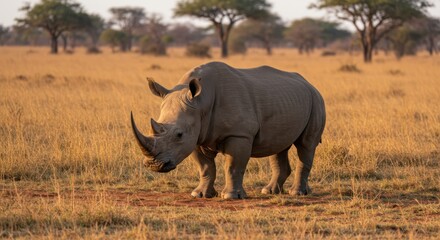 Fototapeta premium White rhinoceros stands in a dry grassy savanna with acacia trees in the background