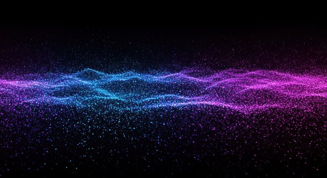 Wavy particle stream transitioning from blue to purple on black - Powered by Adobe