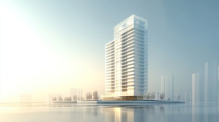 Fototapeta premium Modern skyscraper waterfront sunrise rendering