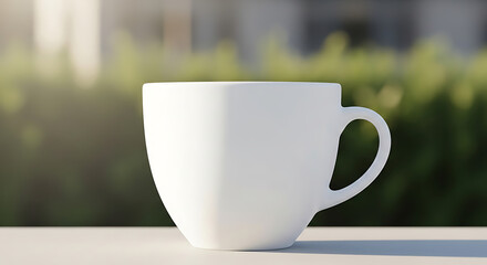 White Ceramic Coffee Cup Resting on an Outdoor Table in Bright Sunlight