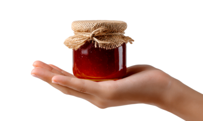 Hand Holding Jar of Homemade Jam for Thanksgiving Harvest Celebration Isolate on Transparent Background, cutout, png